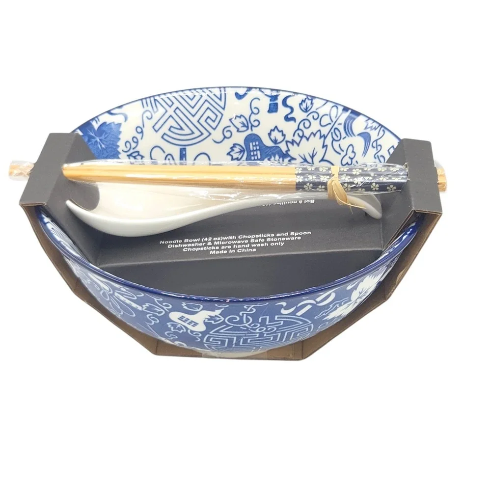 SH Home 42oz Blue Ceramic Ramen Noodle Soup Bowl Chopsticks Spoon Chinese Motifs